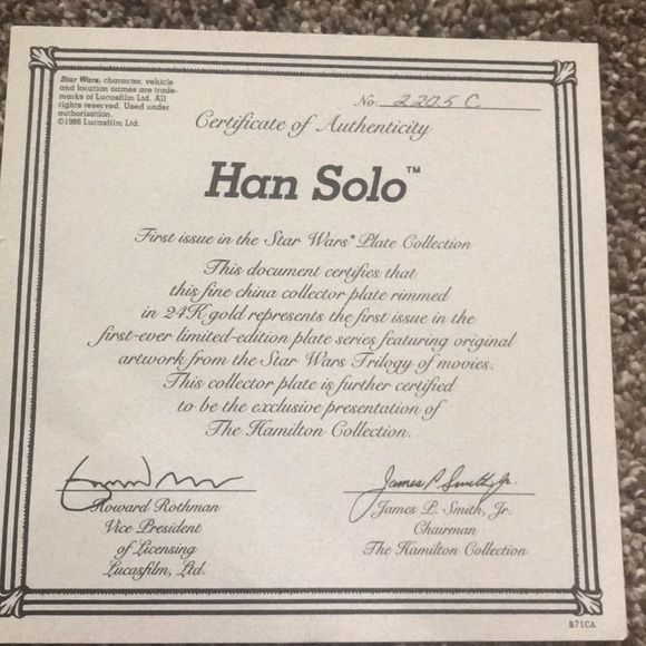 ♥️♥️Star Wars Vintage Han Solo Plate With Certificate♥️♥️ - Picture 3 of 4